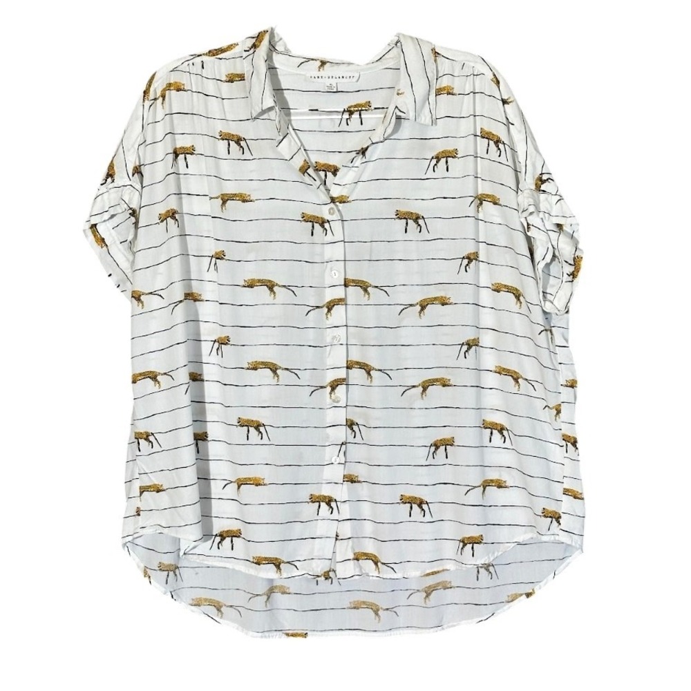 Jane + Delancey White Leopard Print Button Down Top Womens XL Short Sleeve Shirt